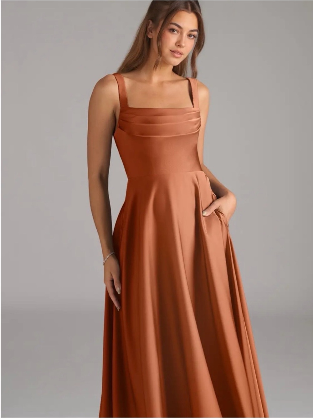 Azazie Shaude Stretch Copper A-Line Pleated Stretch Satin Dress, Size 8 - Picture 2 of 10